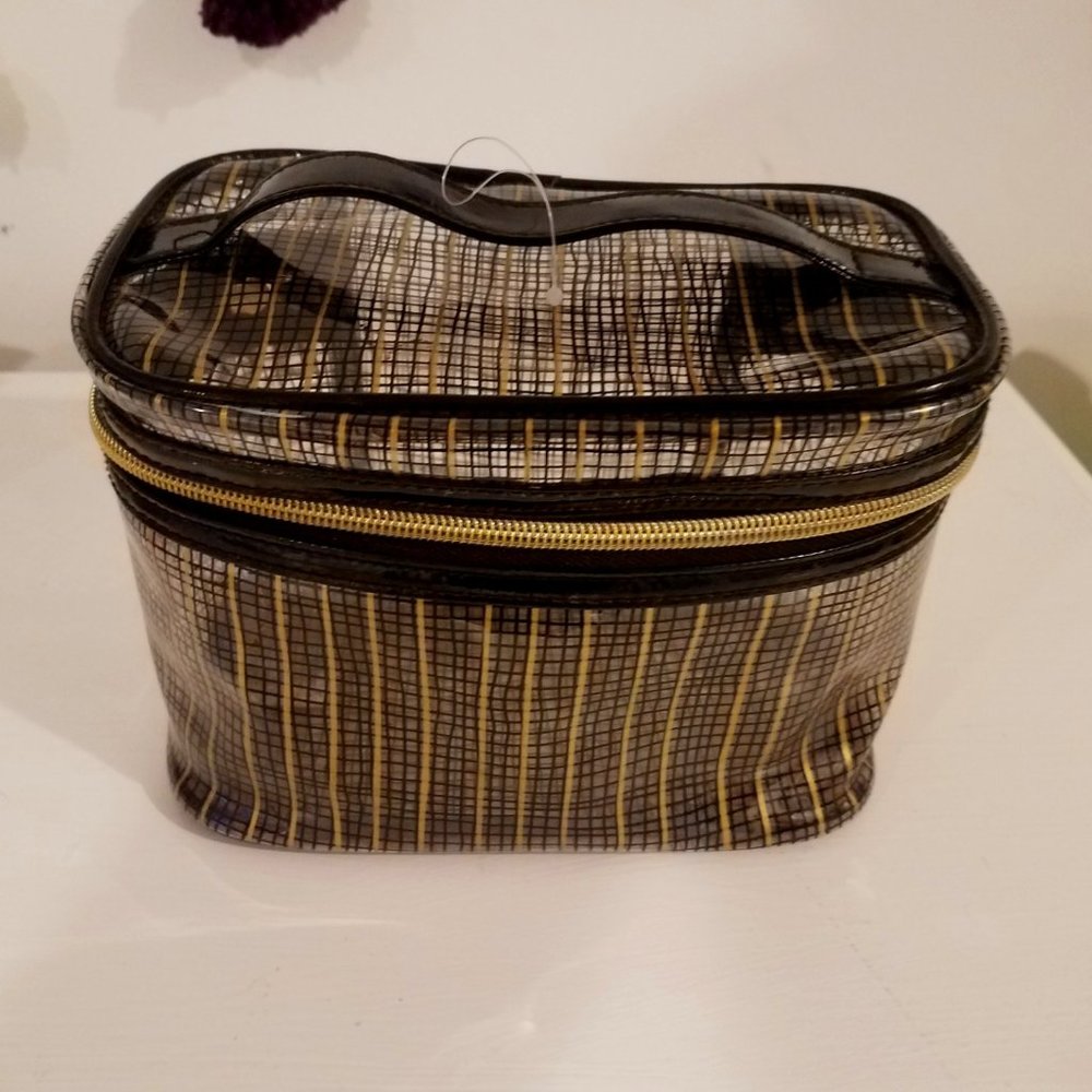 Plastic Makeup Caddy Gold Black Plaid See Through